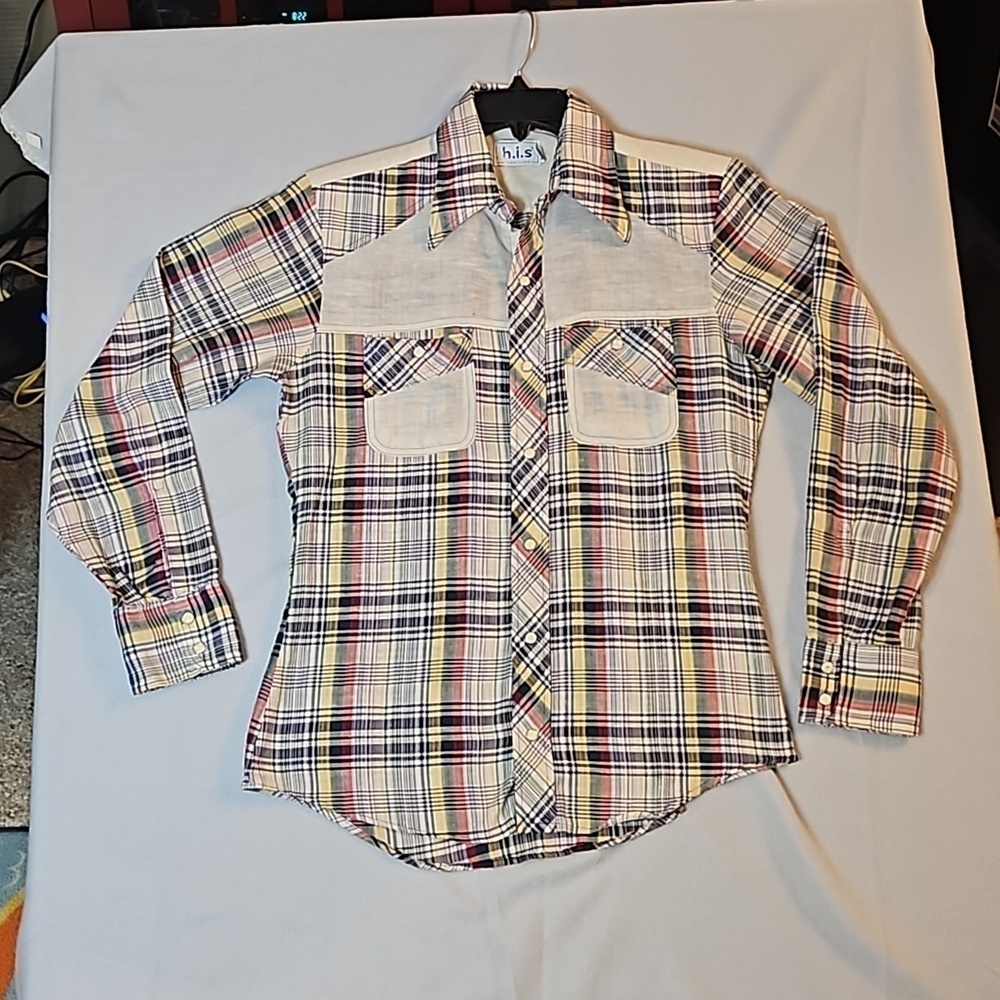 Vintage H.I.S Western Pearl Snap Shirt  sz M Plaid with  Cream accent yoke and